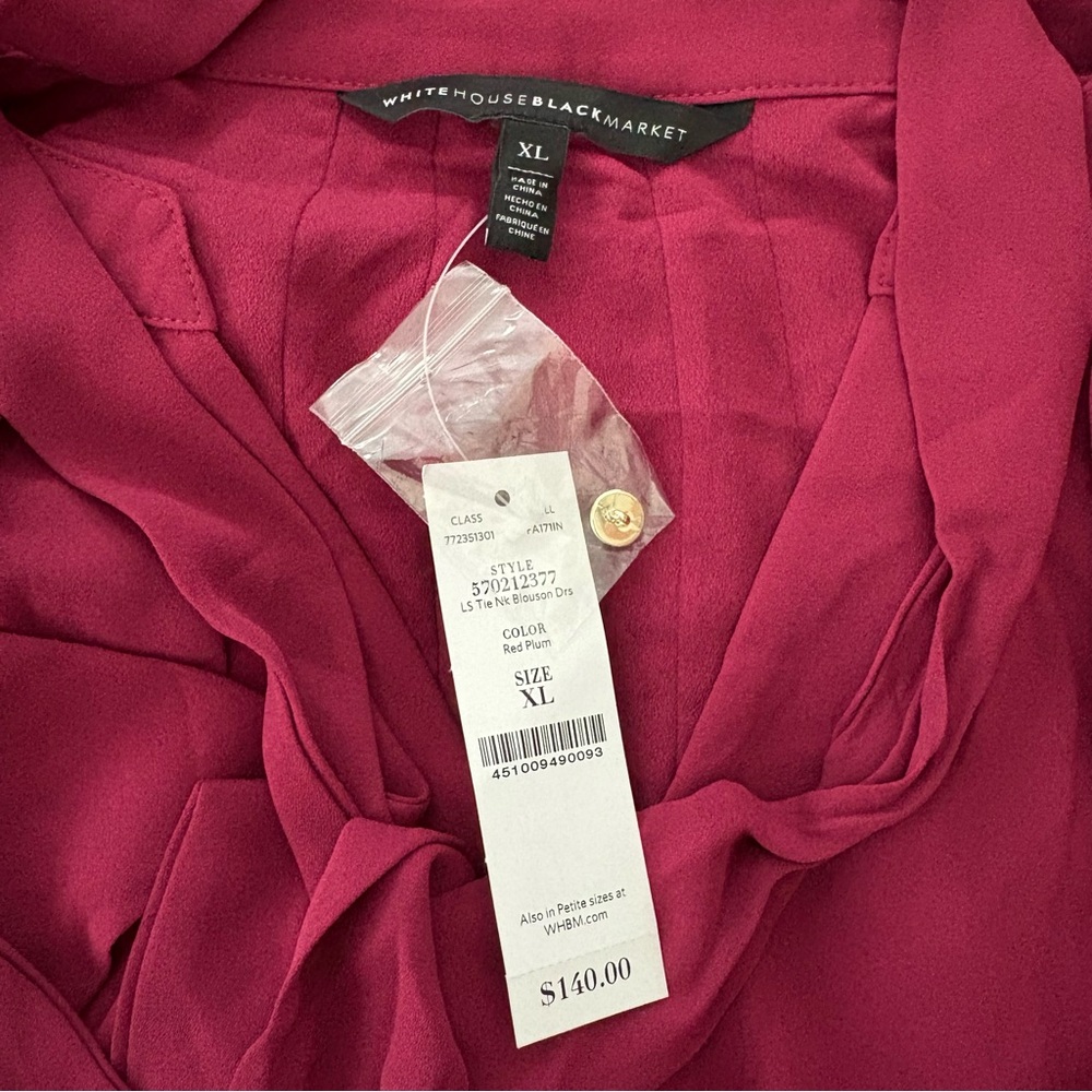 NWT, White House Black Market Tie Neck Blouson Dress in Red Plum, Sz XL - Picture 14 of 16